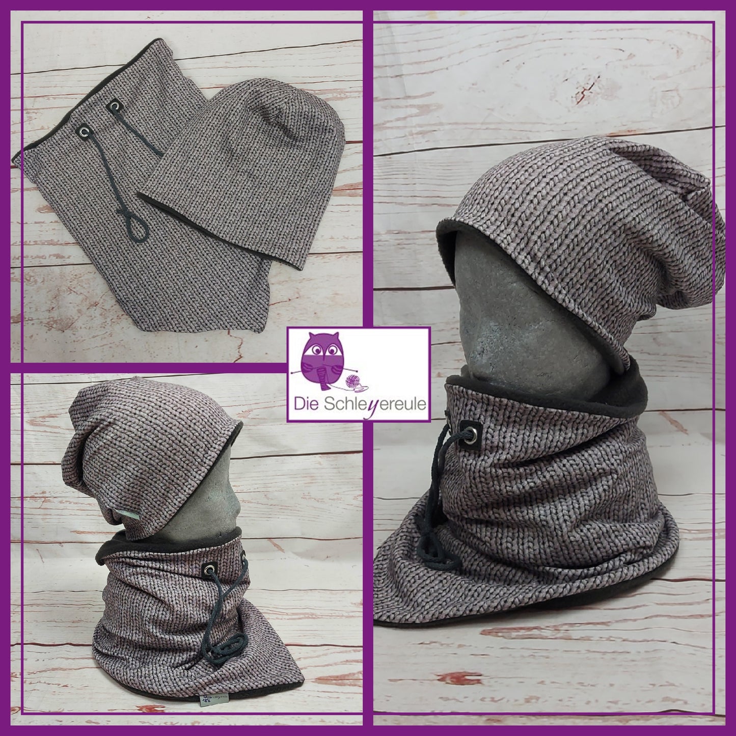 Kuschelset aus Loop & Mütze - Strickoptik Beige - mit Warmen Fleece gefüttert