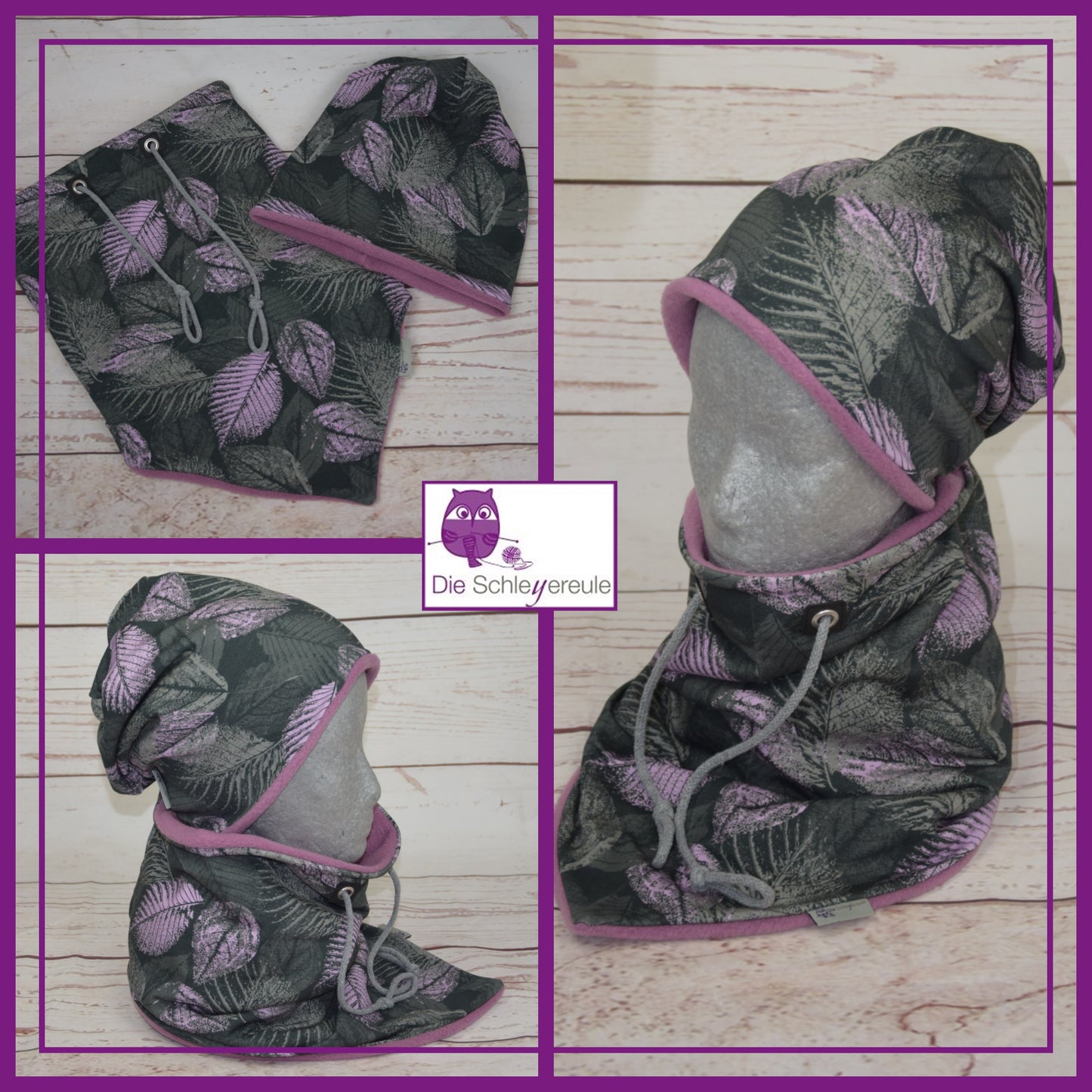 Kuschelset aus Loop & Mütze - Lila Blätter - mit Warmen Fleece gefüttert