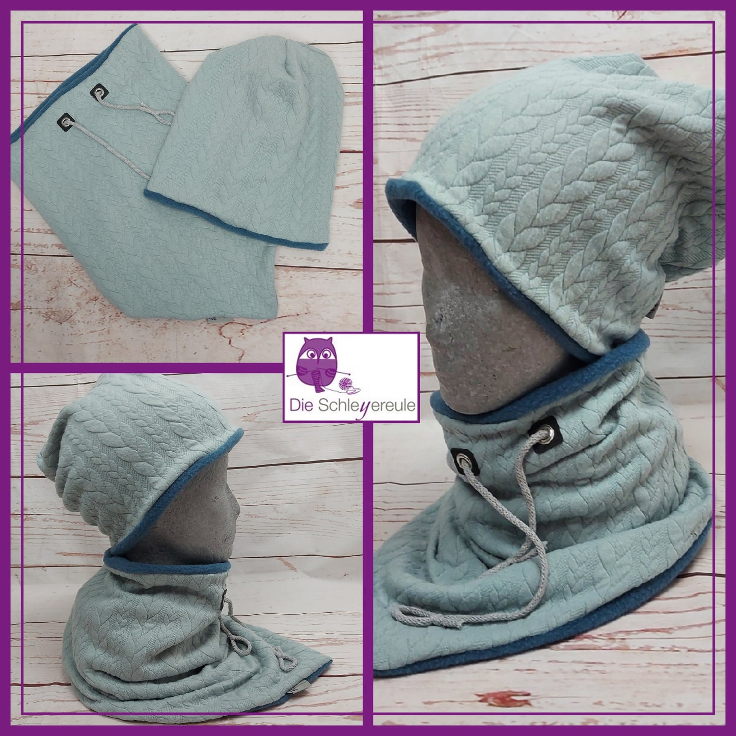 Kuschelset aus Loop & Mütze - Strickzopf mint - mit Warmen Fleece gefüttert