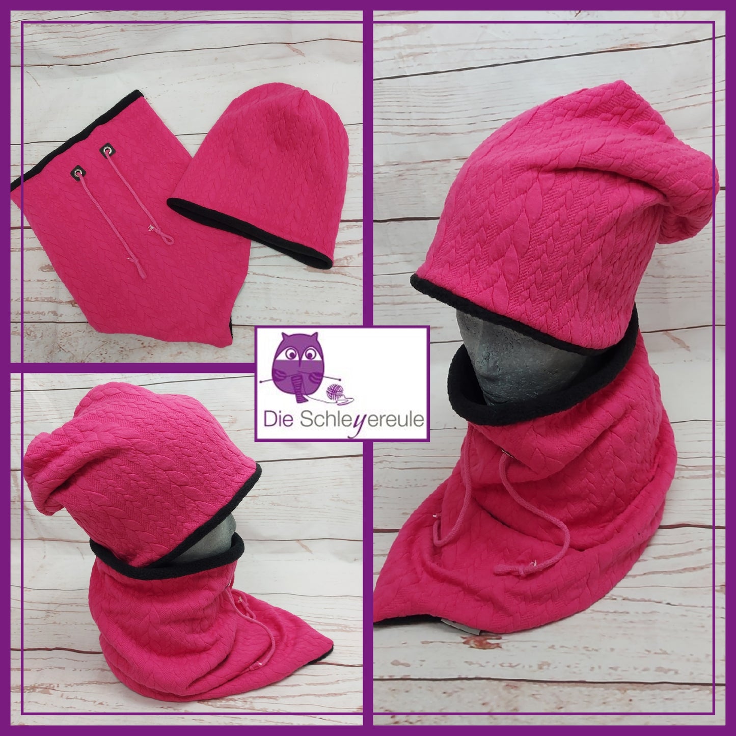 Kuschelset aus Loop & Mütze - Strickzopf pink - mit Warmen Fleece gefüttert