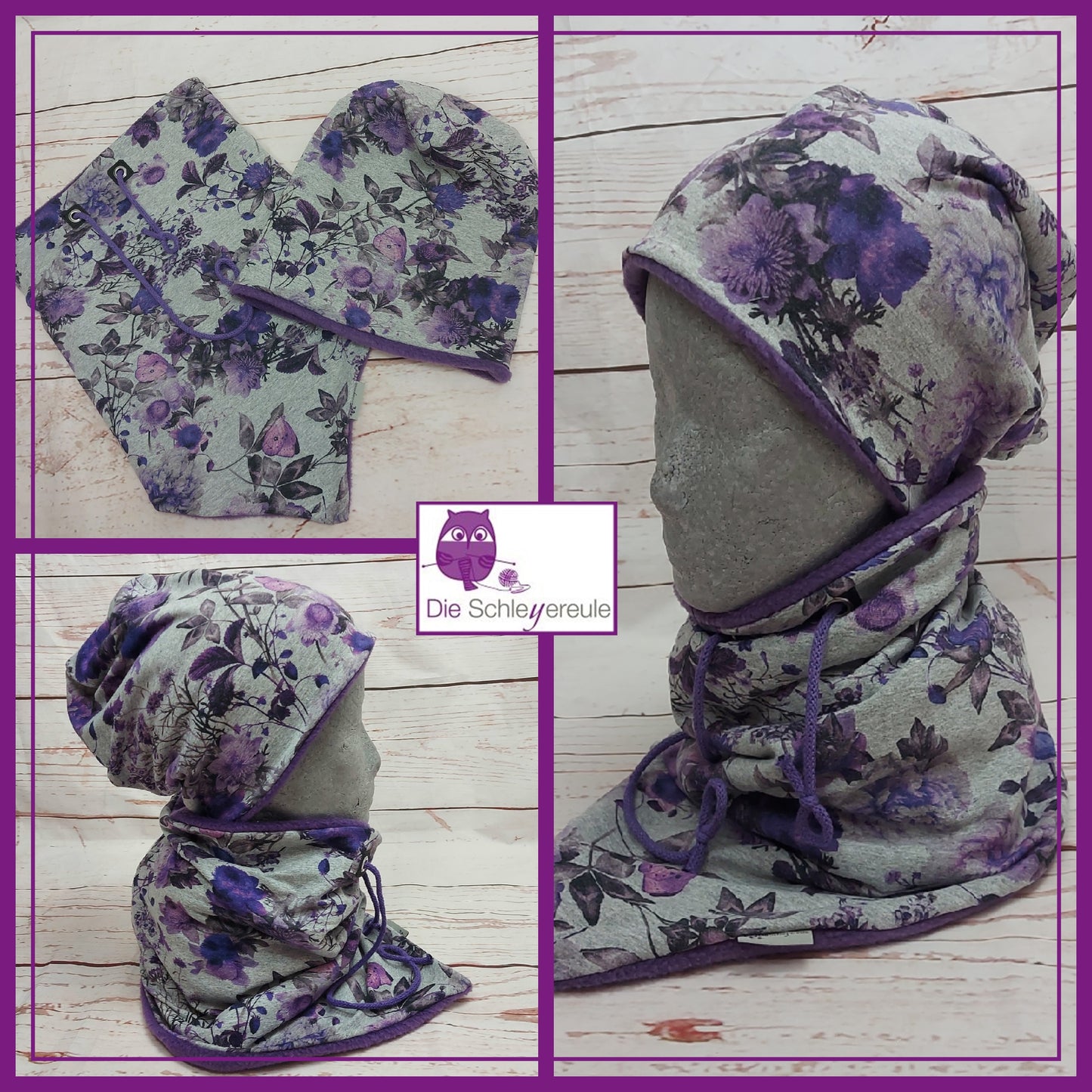 Kuschelset aus Loop & Mütze - Lila Blumen - mit Warmen Fleece gefüttert