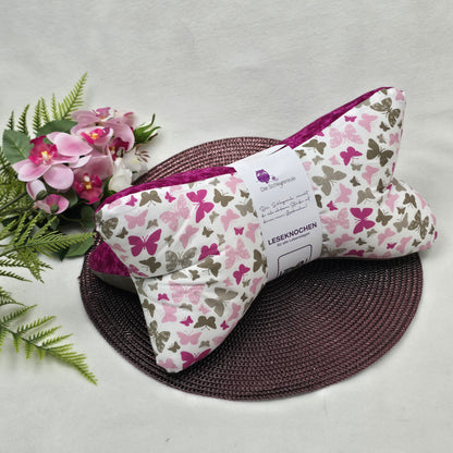 Leseknochen Pink Butterfly| Nackenkissen Nackenrolle Kissen Tablethalter Buchstütze Nackenhörnchen waschbar