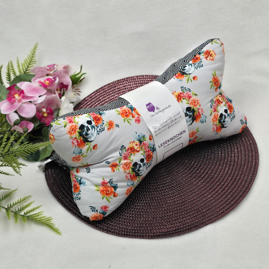 Leseknochen Skulls mit Rosen Orange Nackenkissen Nackenrolle Keilkissen Tablethalter Buchstütze Deko waschbar