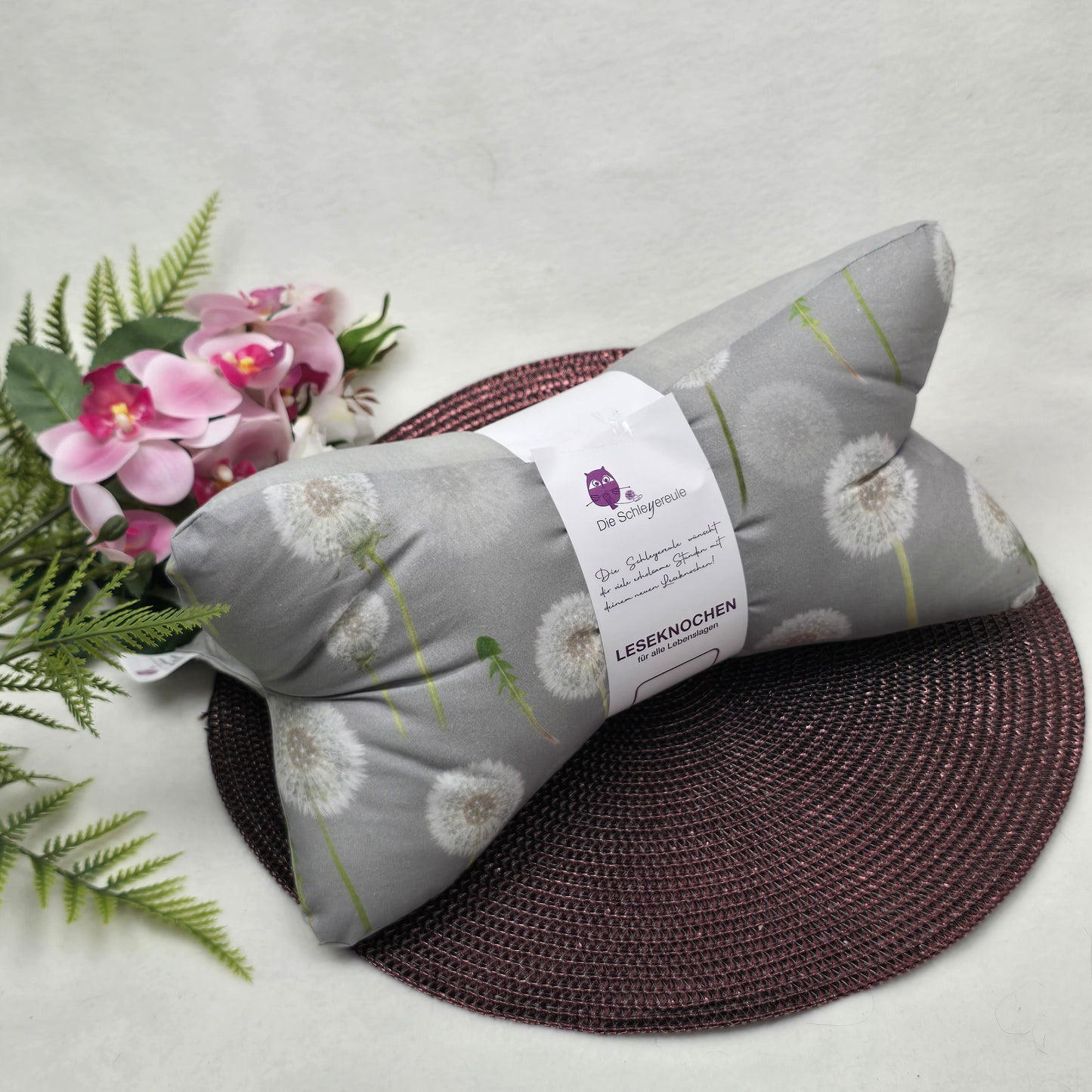 Leseknochen Shabby Pusteblume | Nackenkissen Nackenrolle Keilkissen Tablethalter Buchstütze Deko waschbar