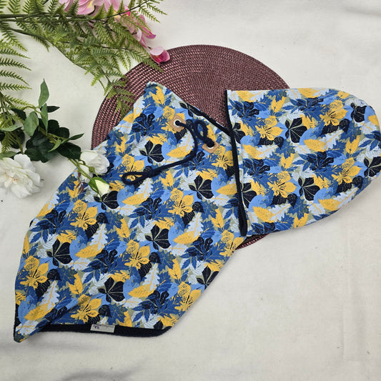 Kuschelset aus Loop & Mütze - Blumen Blau Gelb - mit Warmen Fleece gefütter