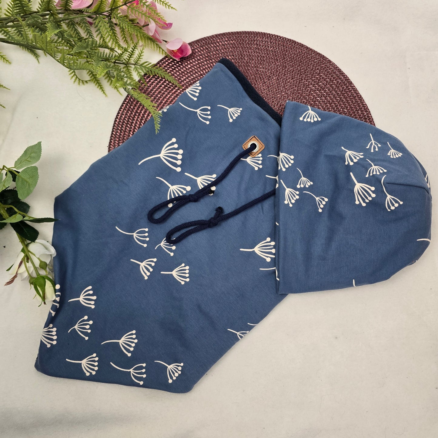 Kuschelset aus Loop & Mütze - Pustis blau - Schal mit warmen Fleece gefüttert