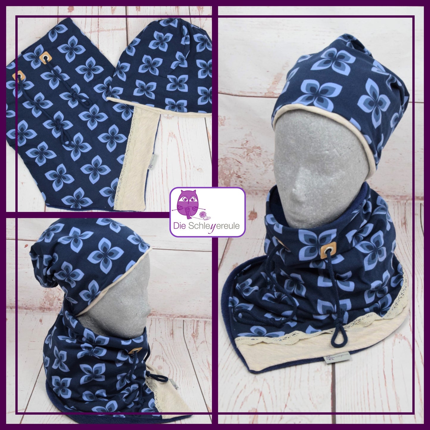 Kuschelset aus Loop & Mütze - blaue Blumen - Doppellagig Jersey