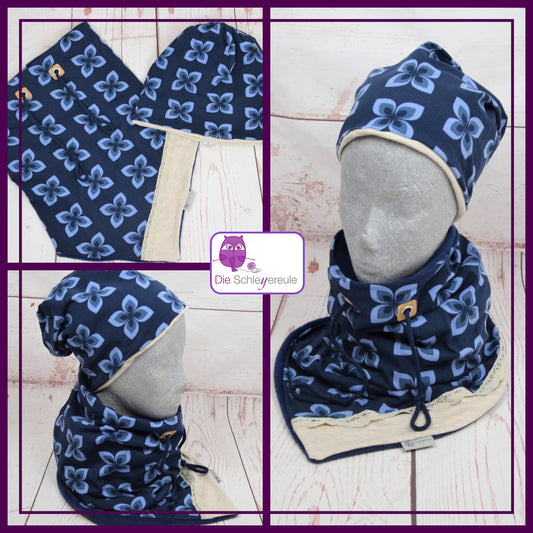 Kuschelset aus Loop & Mütze - blaue Blumen - Doppellagig Jersey