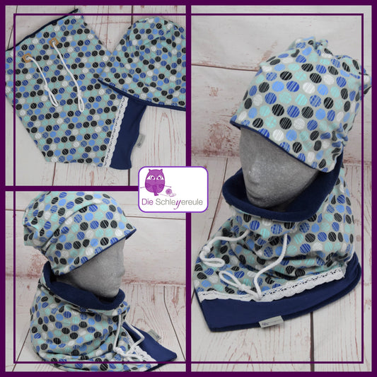 Kuschelset aus Loop & Mütze - Punkte Mint - mit Warmen Fleece gefüttert