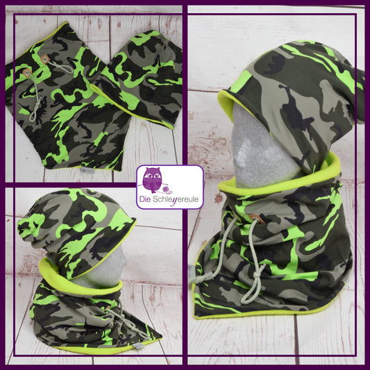 Kuschelset aus Loop & Mütze - Army Neon Grün - mit Warmen Fleece gefüttert