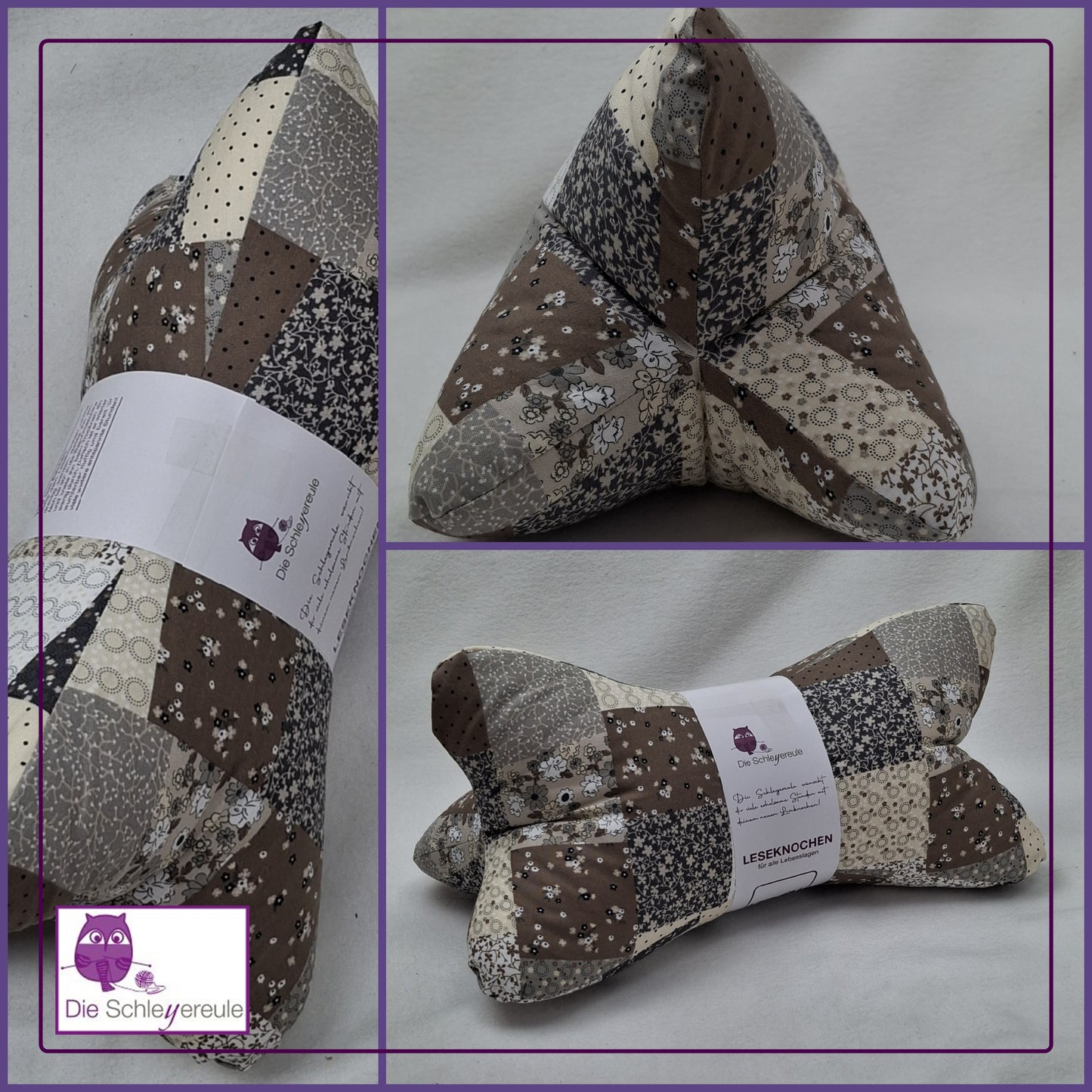 Leseknochen Patchwork beige | Nackenkissen Nackenrolle Kissen Tablethalter Buchstütze Nackenhörnchen Deko waschbar