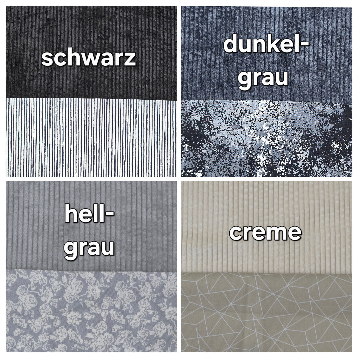 Cord-Farben Schwarz, Dunkelgrau, Hellgrau, Creme mit Innenstoff