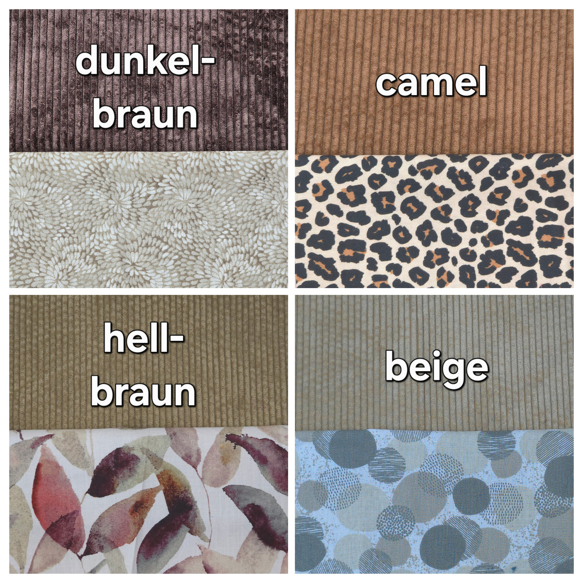 Cord-Farben Dunkelbraun, Camel, Hellbraun, Beige mit Innenstoff