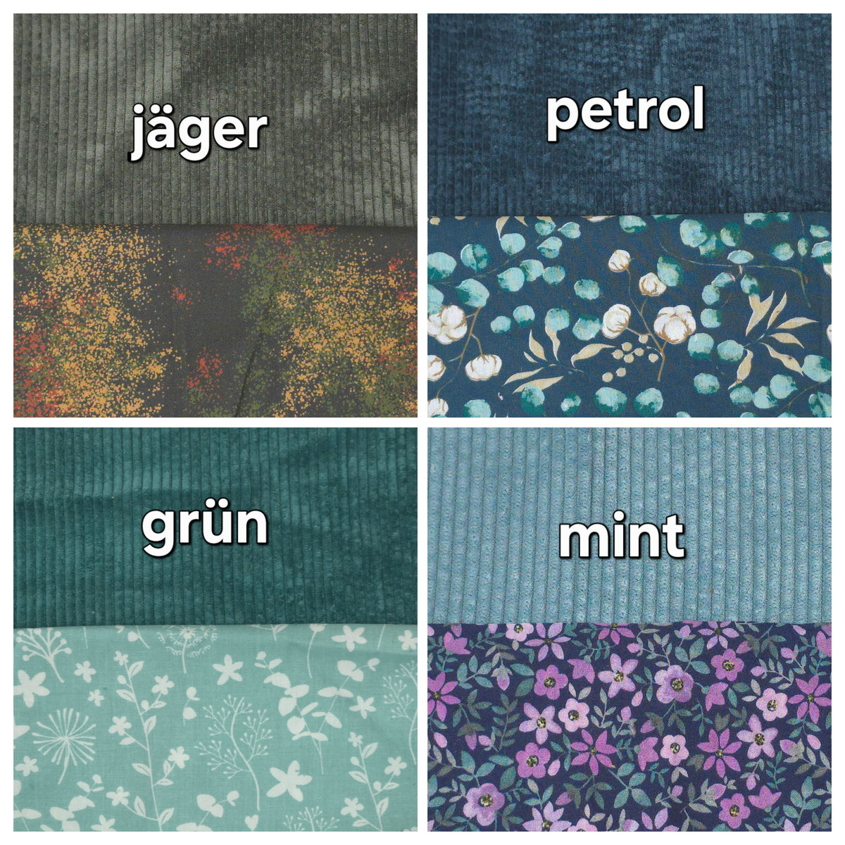 Cord-Farben Jäger, Petrol, Grün, Mint mit Innenstoff