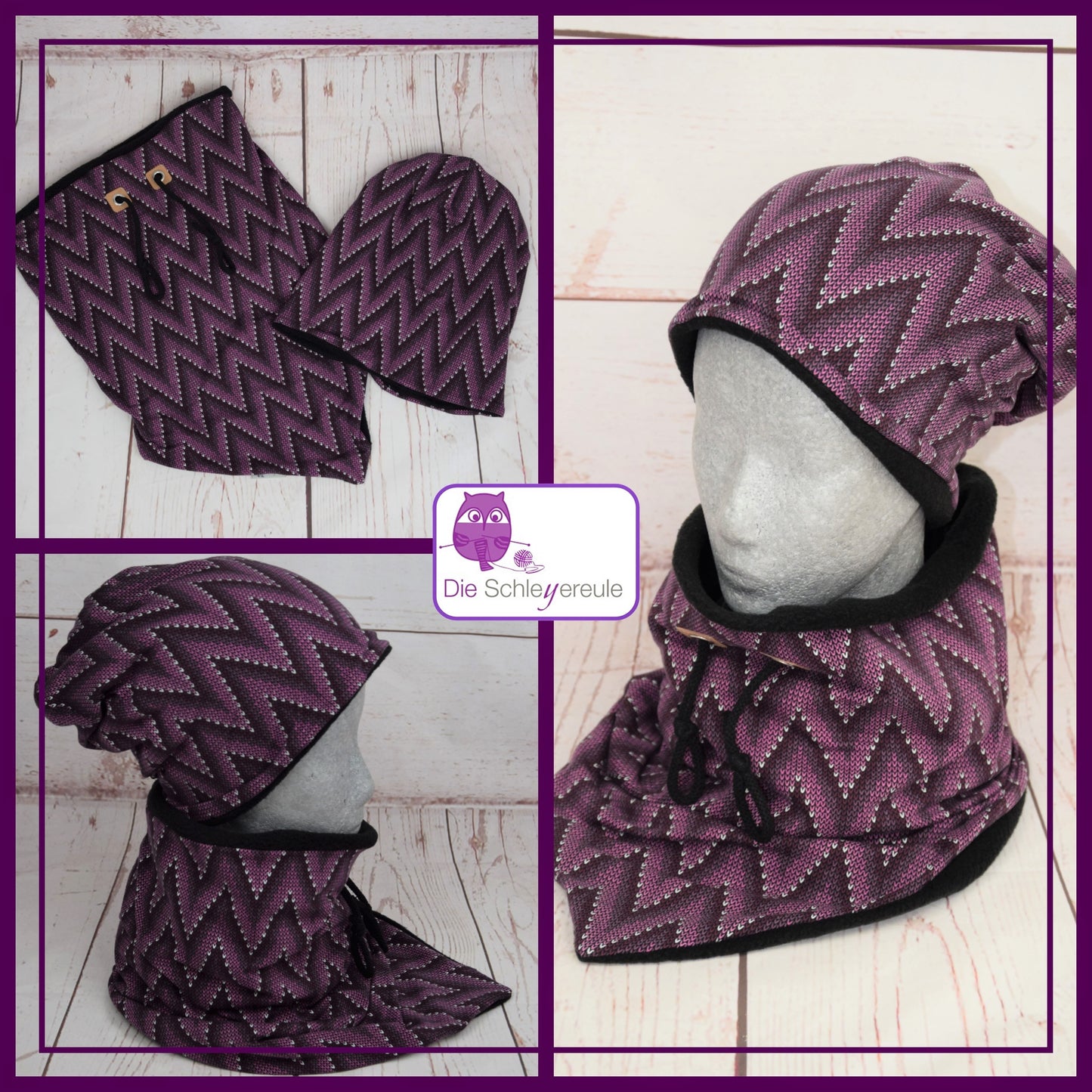 Kuschelset aus Loop & Mütze - Strickoptik Lila - mit Warmen Fleece gefüttert