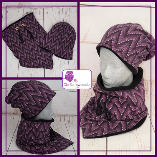 Kuschelset aus Loop & Mütze - Strickoptik Lila - mit Warmen Fleece gefüttert