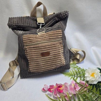 BackBert Handmade – Rucksack aus Cord, Gurt verstellbar, Geschenk für Frauen, Innen- u. Außentasche