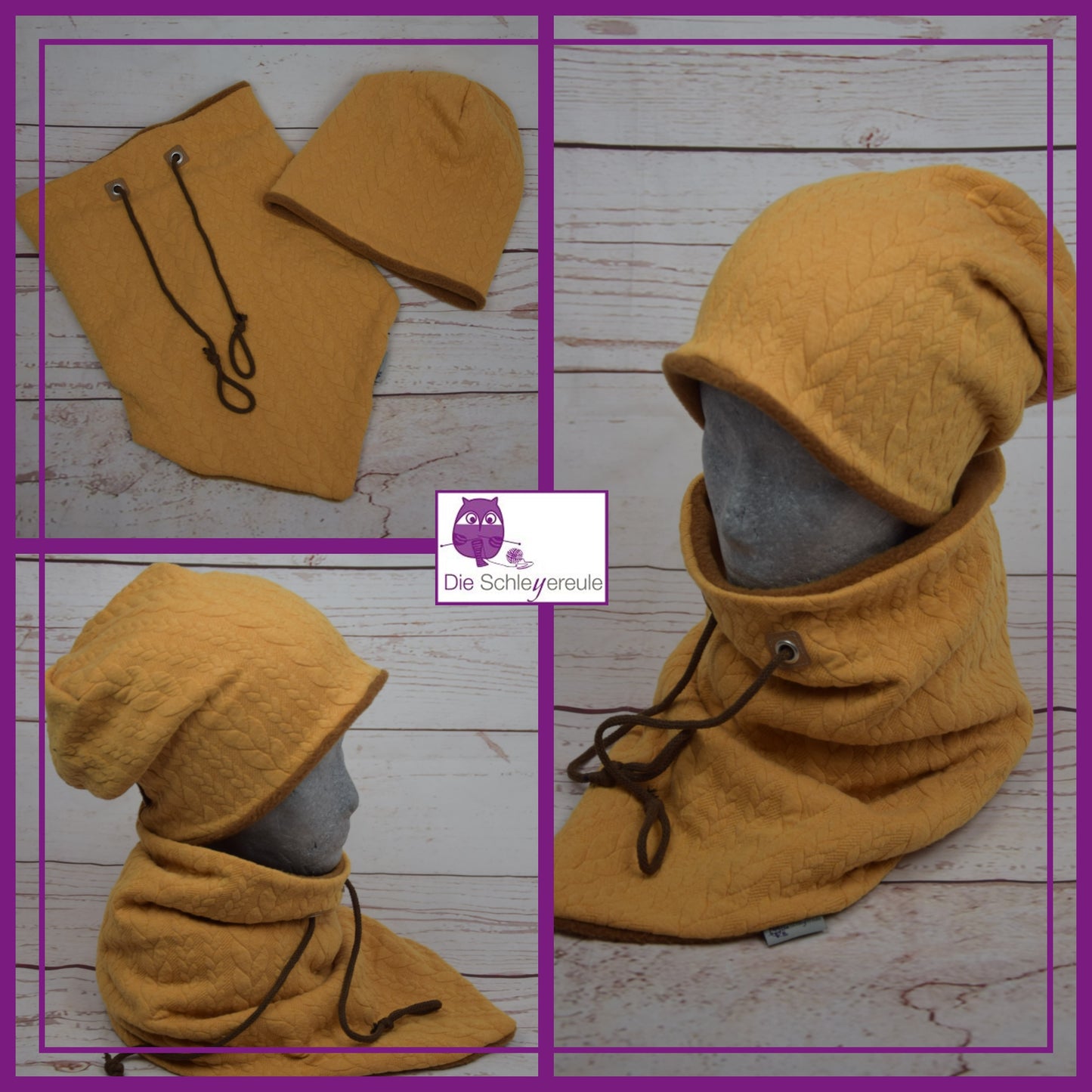 Kuschelset aus Loop & Mütze - Strickzopf senf - mit Warmen Fleece gefüttert