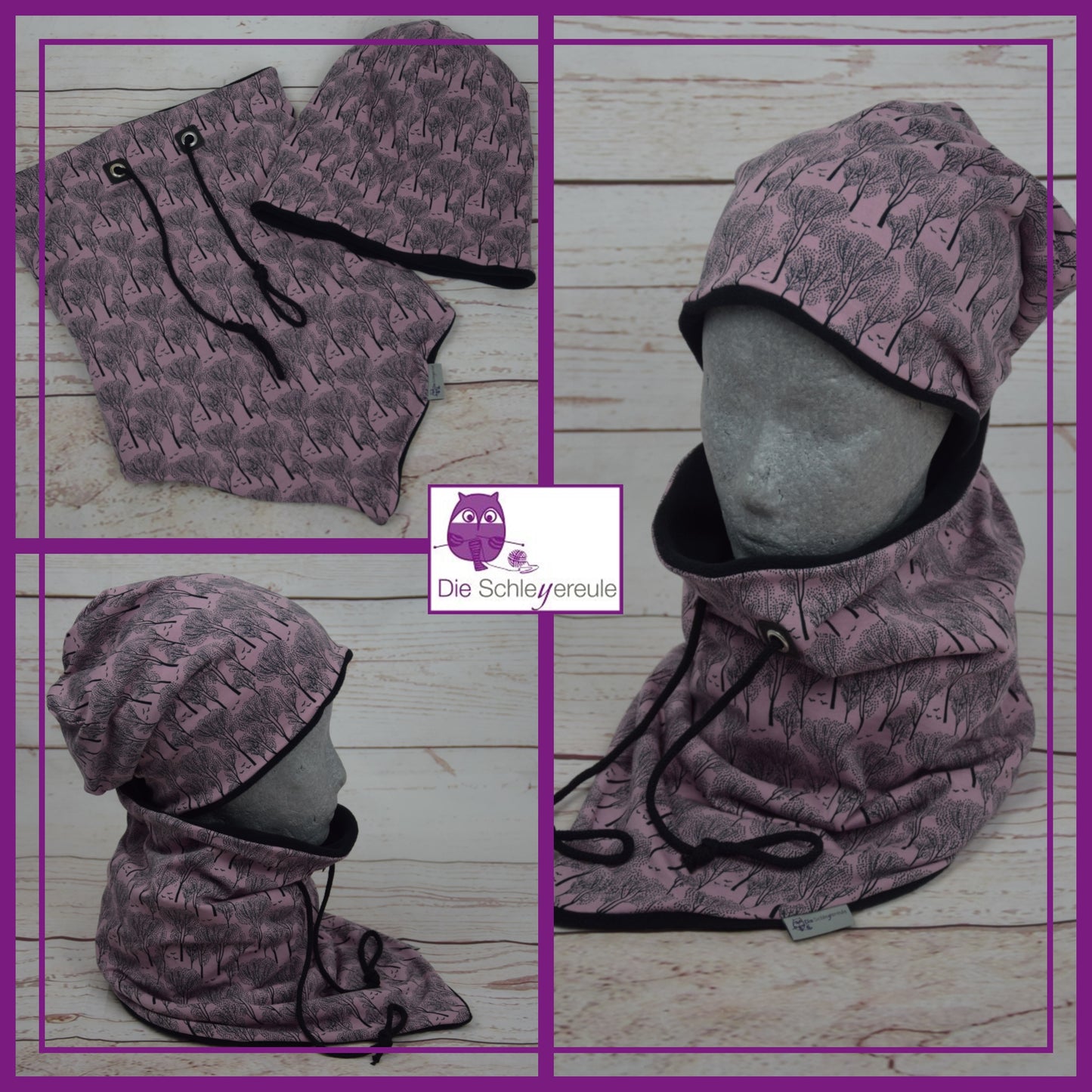 Kuschelset aus Loop & Mütze - Winterwald Altrosé - mit Warmen Fleece gefüttert