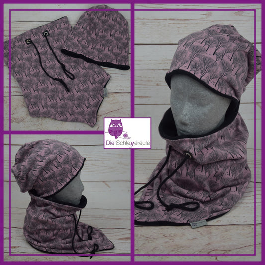Kuschelset aus Loop & Mütze - Winterwald Altrosé - mit Warmen Fleece gefüttert
