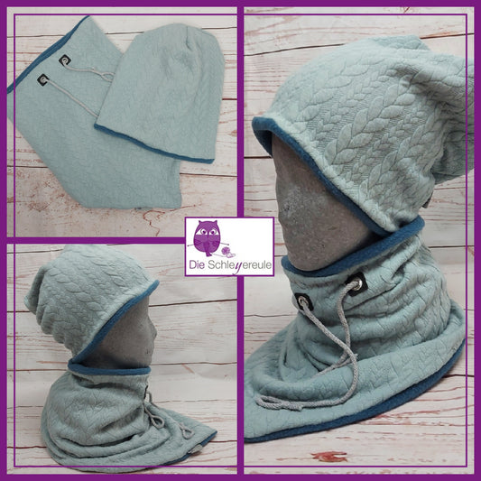 Kuschelset aus Loop & Mütze - Strickzopf mint - mit Warmen Fleece gefüttert