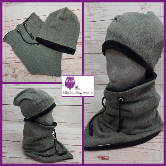 Kuschelset aus Loop & Mütze - Strickzopf olive - mit Warmen Fleece gefüttert
