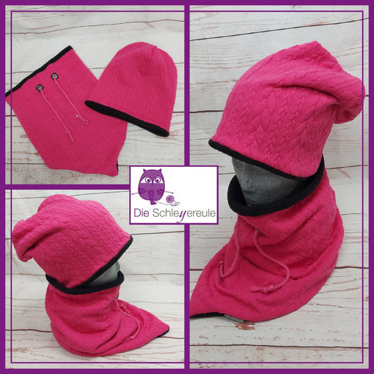 Kuschelset aus Loop & Mütze - Strickzopf pink - mit Warmen Fleece gefüttert