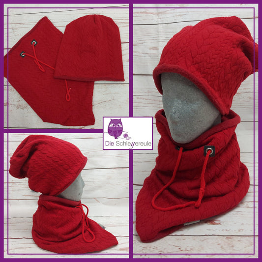 Kuschelset aus Loop & Mütze - Strickzopf rot - mit Warmen Fleece gefüttert