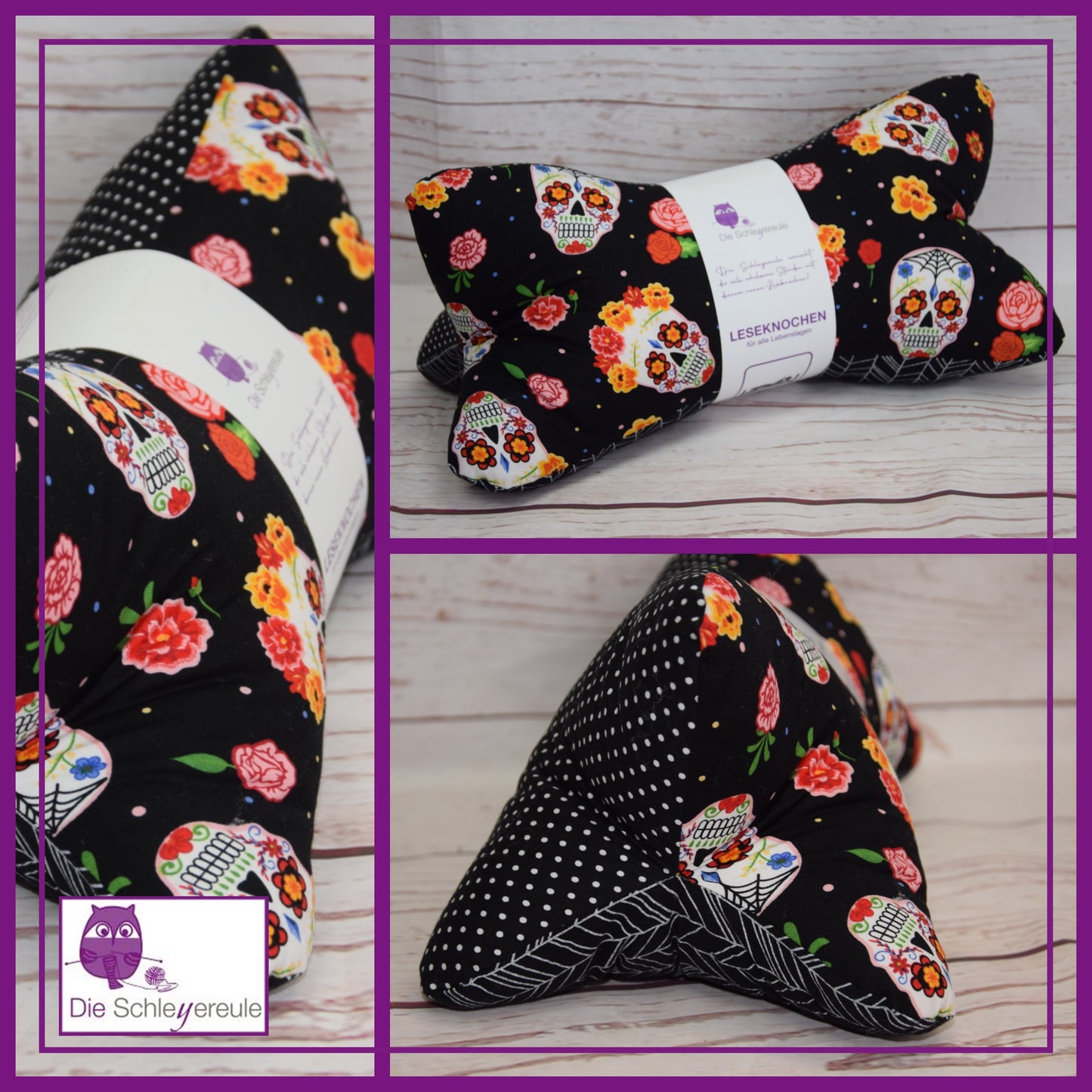 Leseknochen Sugarskulls schwarz | Nackenkissen Nackenrolle Kissen Tablethalter Buchstütze Nackenhörnchen waschbar