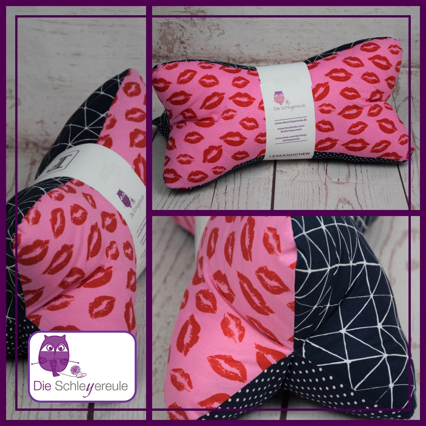 Leseknochen Kiss me pink | Nackenkissen Nackenrolle Kissen Tabletthalter Buchstütze Nackenhörnchen  waschbar