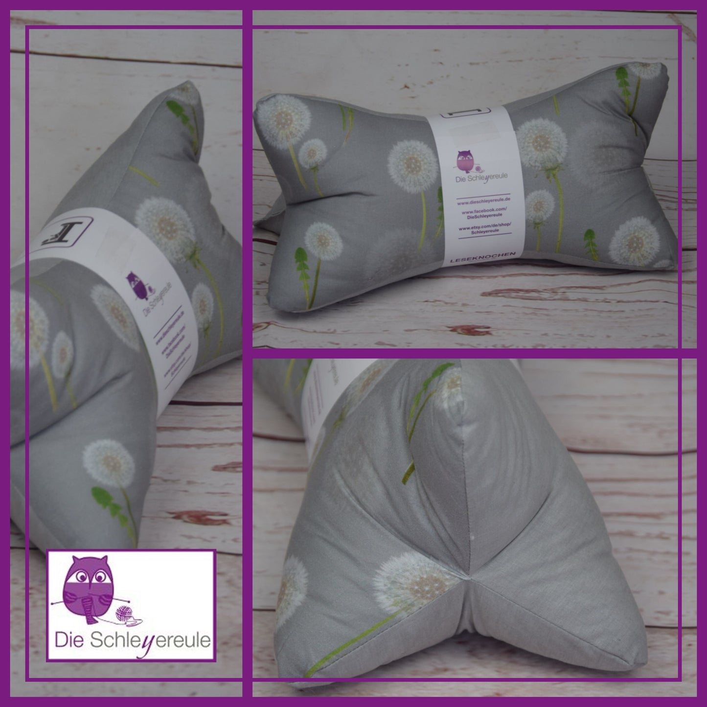 Leseknochen Shabby Pusteblume | Nackenkissen Nackenrolle Keilkissen Tablethalter Buchstütze Deko waschbar
