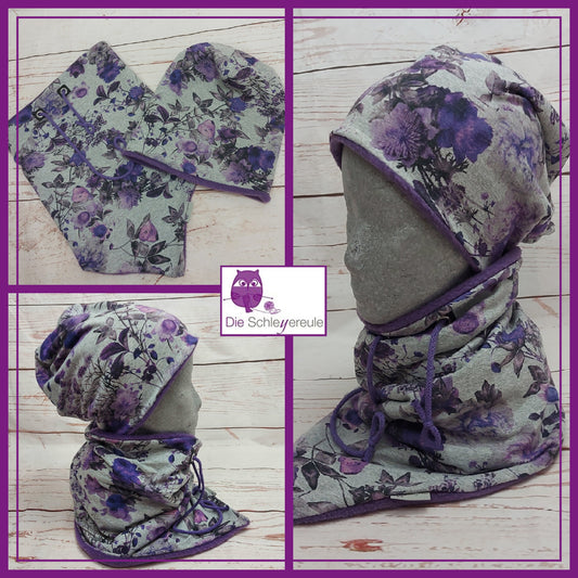 Kuschelset aus Loop & Mütze - Lila Blumen - mit Warmen Fleece gefüttert